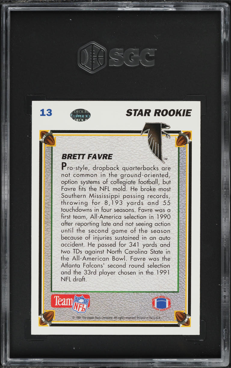 1991 Upper Deck Football Brett Favre ROOKIE #13 SGC 8 NM-MT