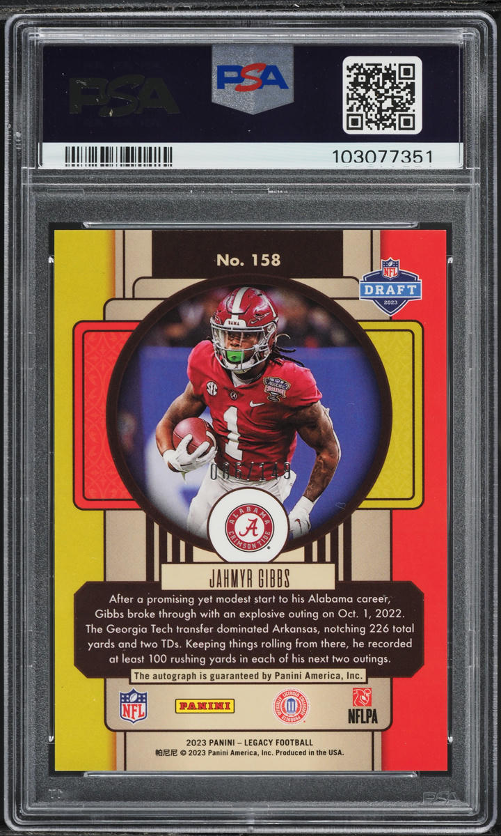 2023 Panini Legacy Premium Orange Jahmyr Gibbs ROOKIE AUTO /149 #158 PSA 10 GEM