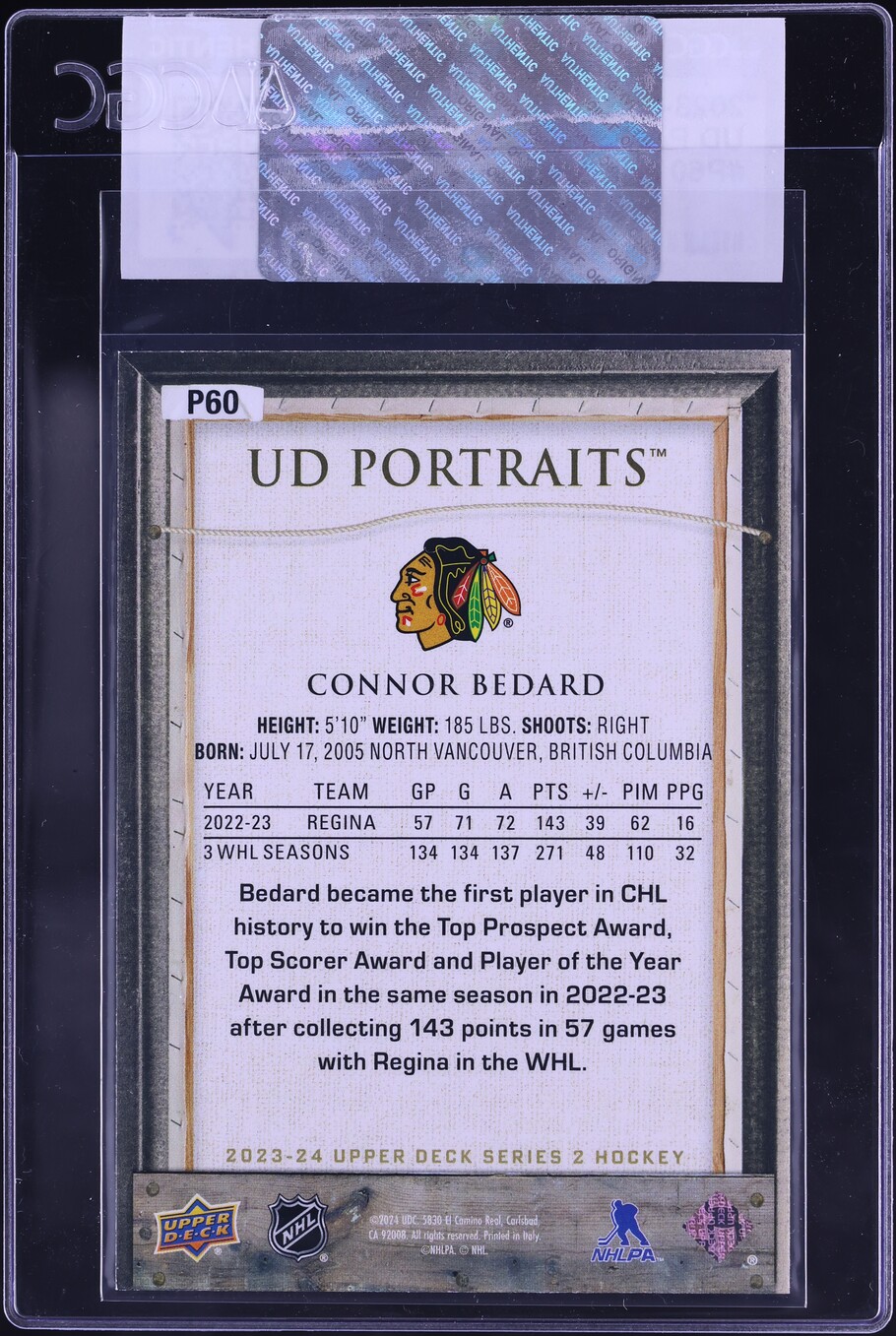 2023 Upper Deck Portraits Connor Bedard ROOKIE #P60 CGC AUTH