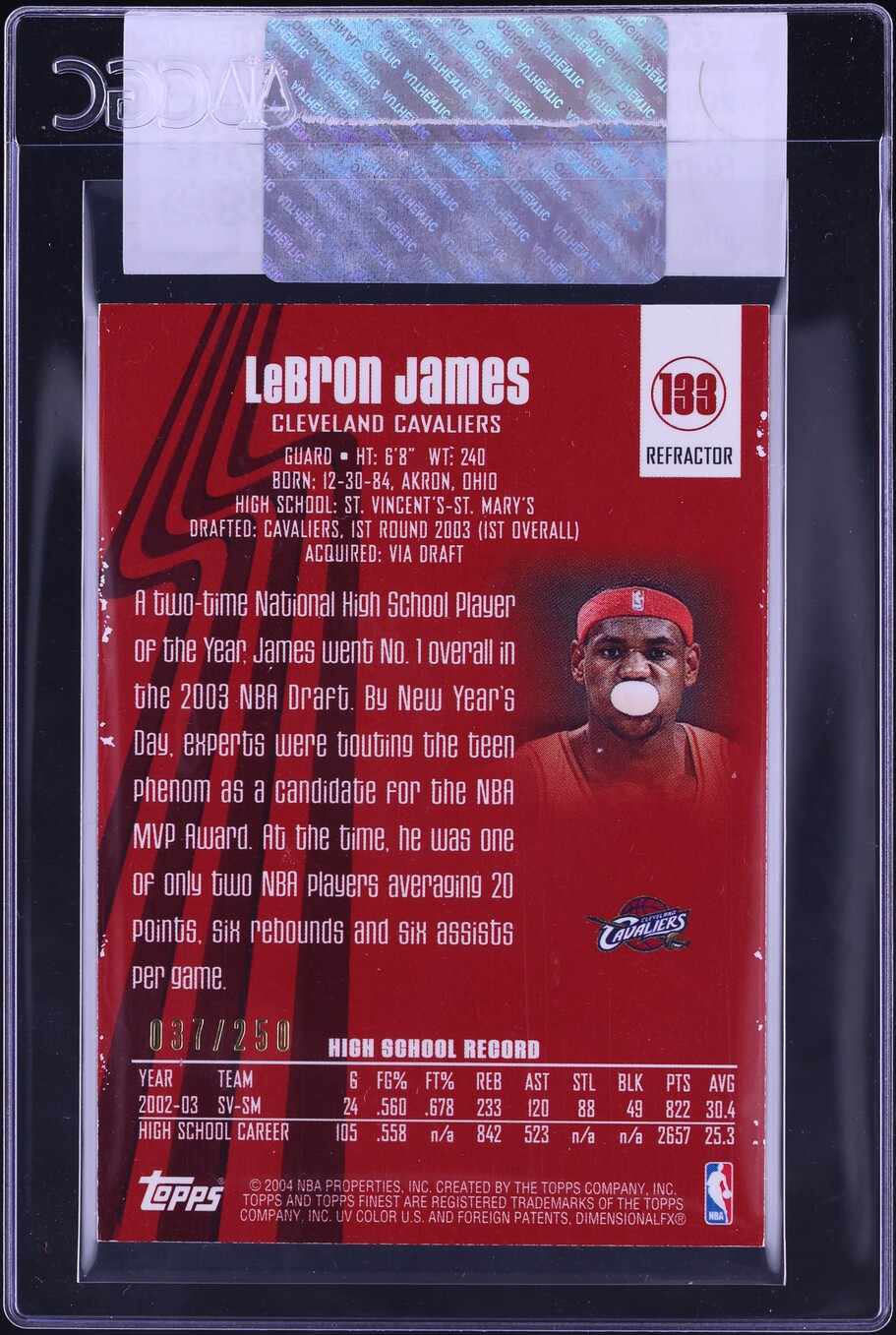 2003 Finest Refractor LeBron James ROOKIE /250 #133 CGC AUTH