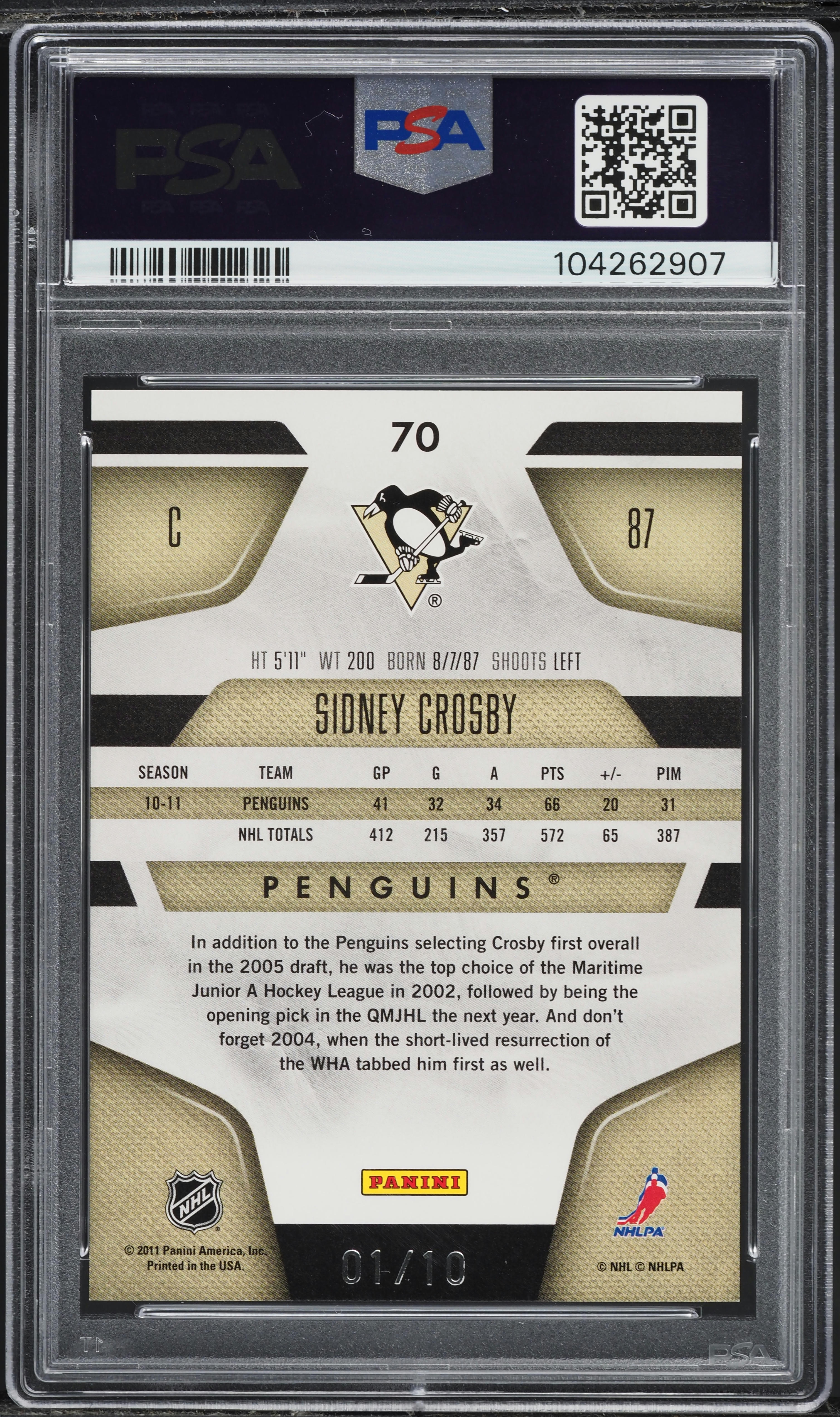 2011 Panini Certified Totally Purple Sidney Crosby 1/10 #70 PSA 10