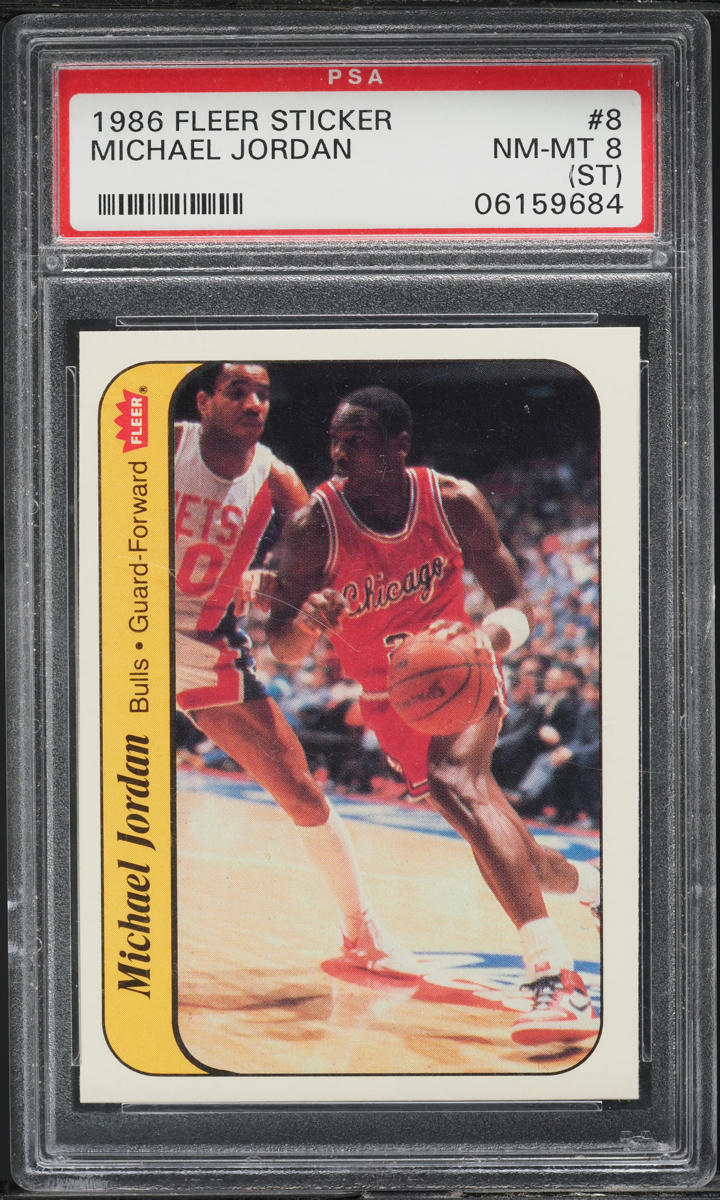 1986 Fleer Sticker Michael Jordan ROOKIE #8 PSA 8(st) NM-MT