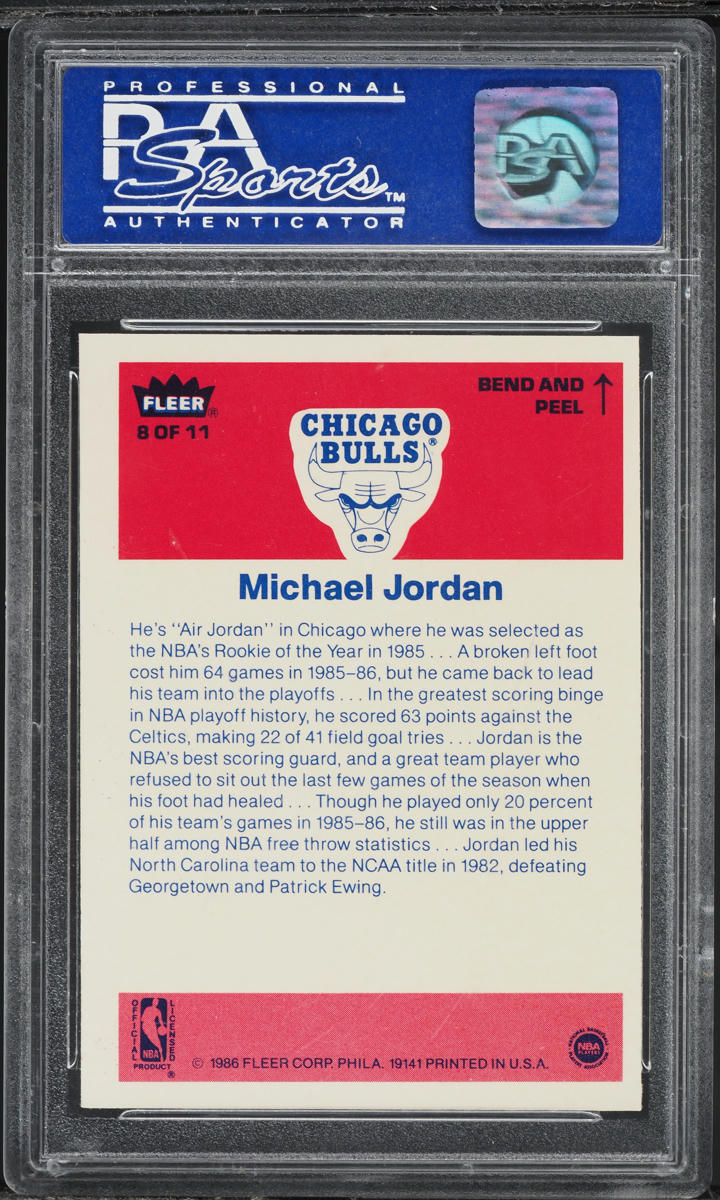 1986 Fleer Sticker Michael Jordan ROOKIE #8 PSA 8(st) NM-MT