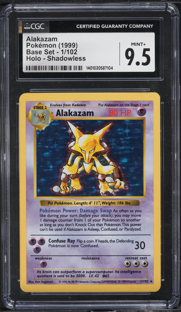 1999 Pokemon Base Set Shadowless Holo Alakazam #1 CGC 9.5 MINT+ on Fanatics Collect 1999 Pokemon Base Set Shadowless Holo Alakazam #1 CGC 9.5 MINT+ on Fanatics Collect