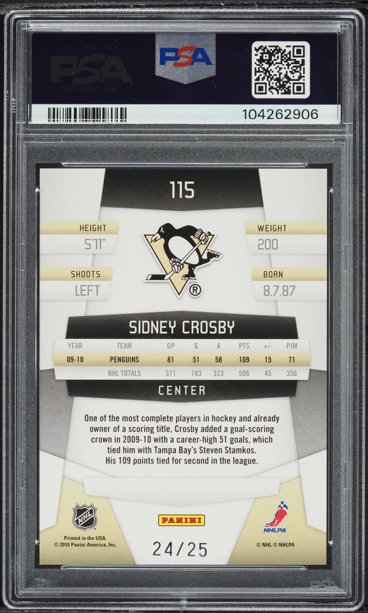 2010 Panini Certified Mirror Gold Sidney Crosby /25 #115 PSA 10 GEM MINT