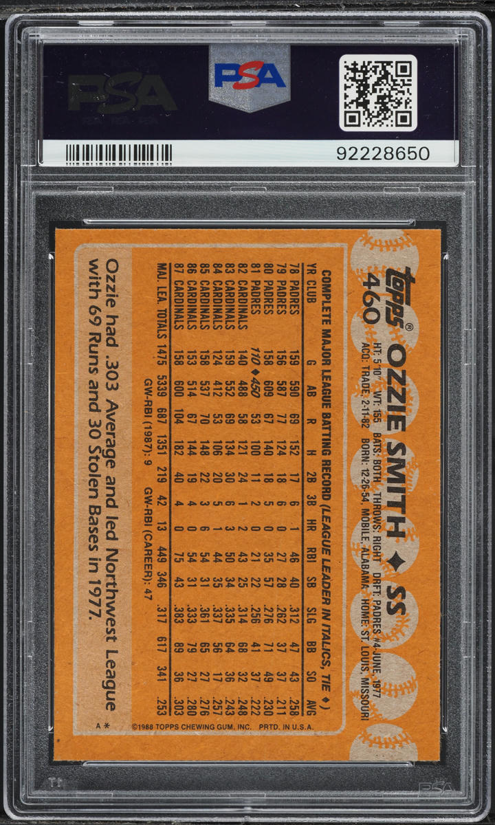 1988 Topps Ozzie Smith #460 PSA 10 GEM MINT