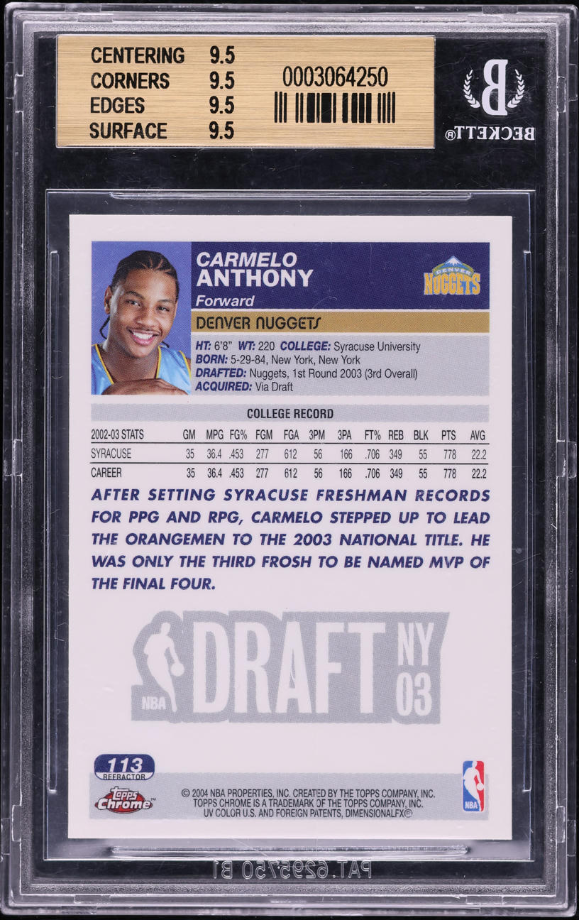 2003 Topps Chrome Refractor Carmelo Anthony ROOKIE #113 BGS 9.5 GEM MINT