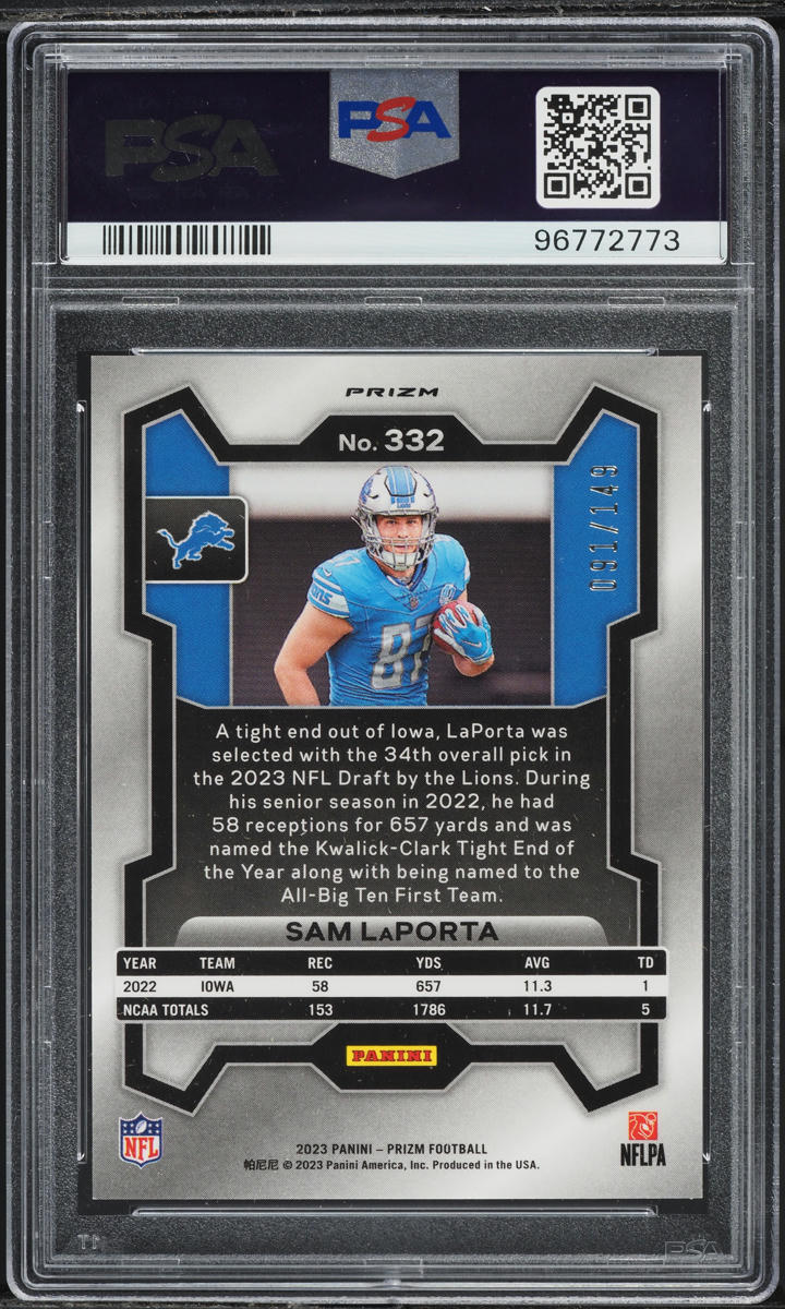 2023 Panini Prizm Red Wave Sam Laporta ROOKIE /149 #332 PSA 10 GEM MINT
