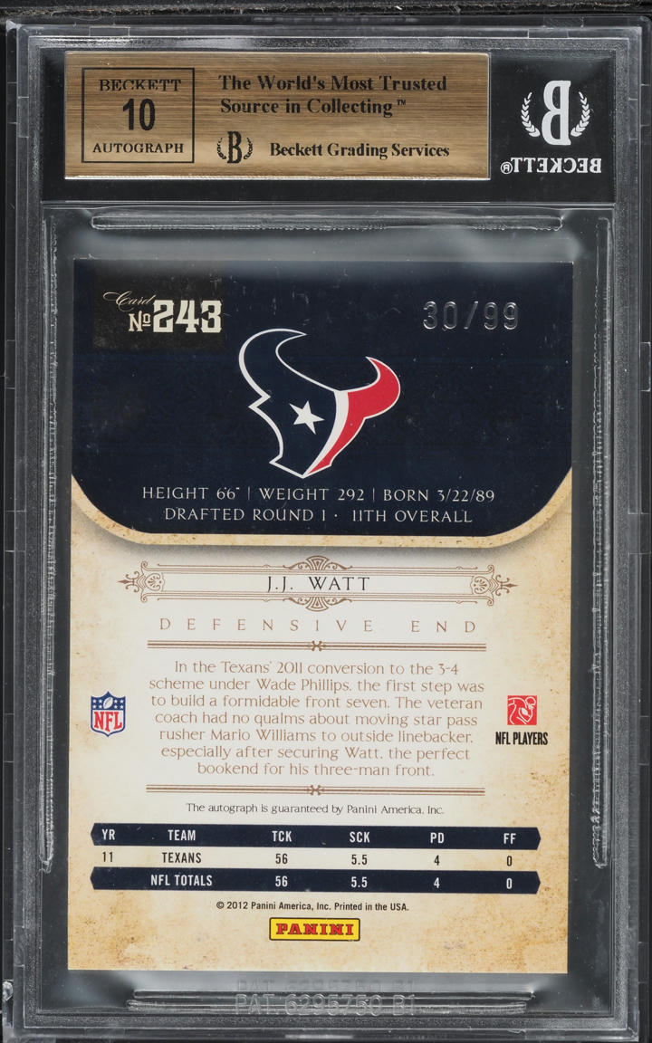 2011 National Treasures J.J. Watt ROOKIE AUTO /99 #243 BGS 9.5 GEM MINT