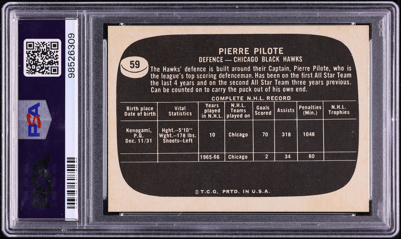 1966 Topps USA Test Hockey Pierre Pilote #59 PSA 8 NM-MT