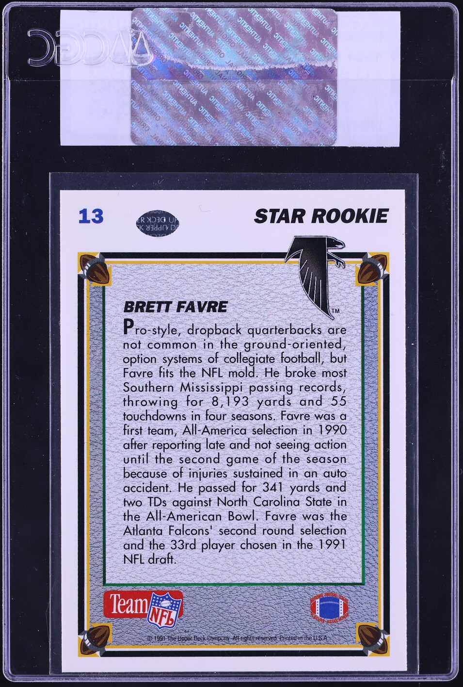 1991 Upper Deck Brett Favre ROOKIE #13 CGC AUTH