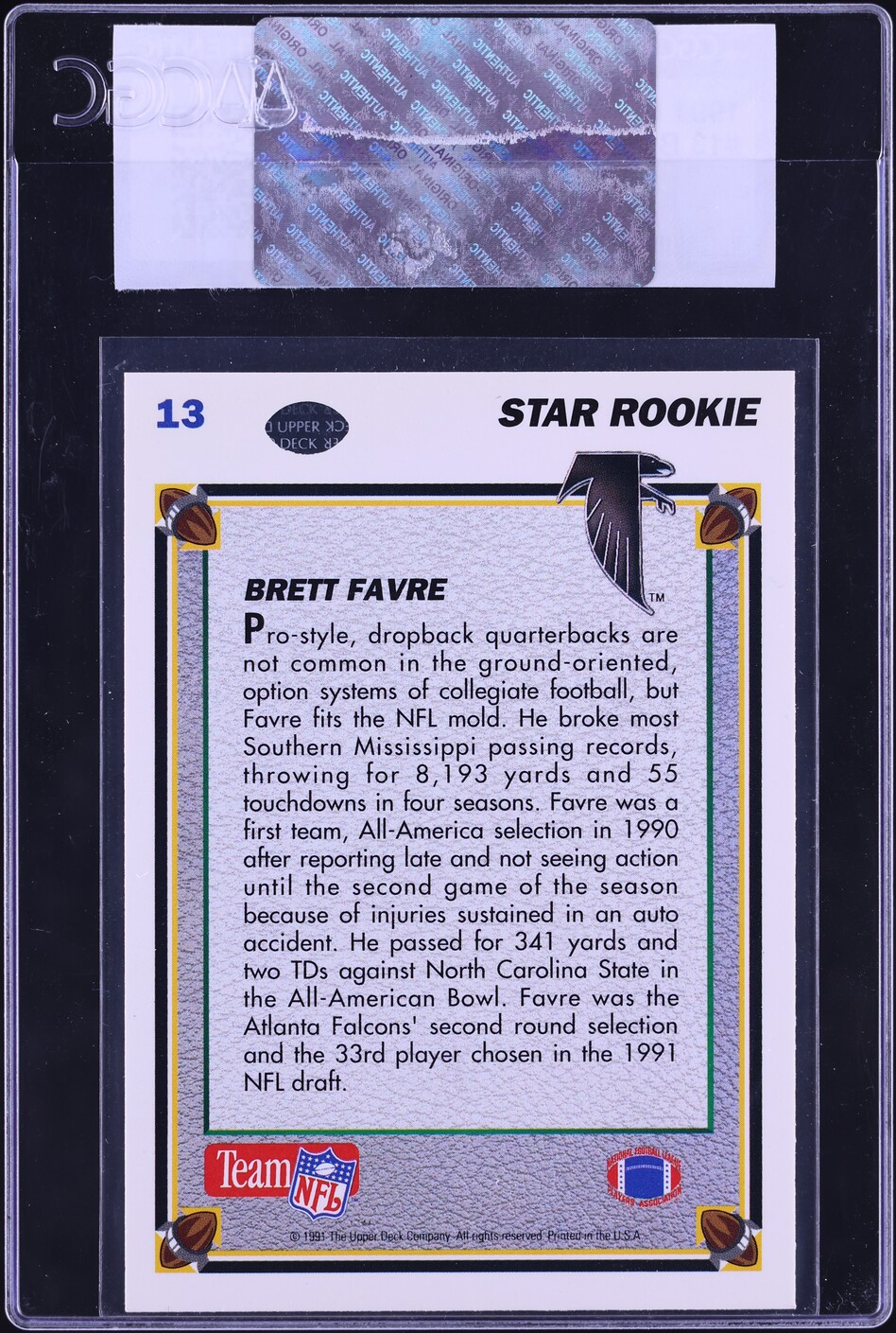 1991 Upper Deck Brett Favre ROOKIE #13 CGC AUTH