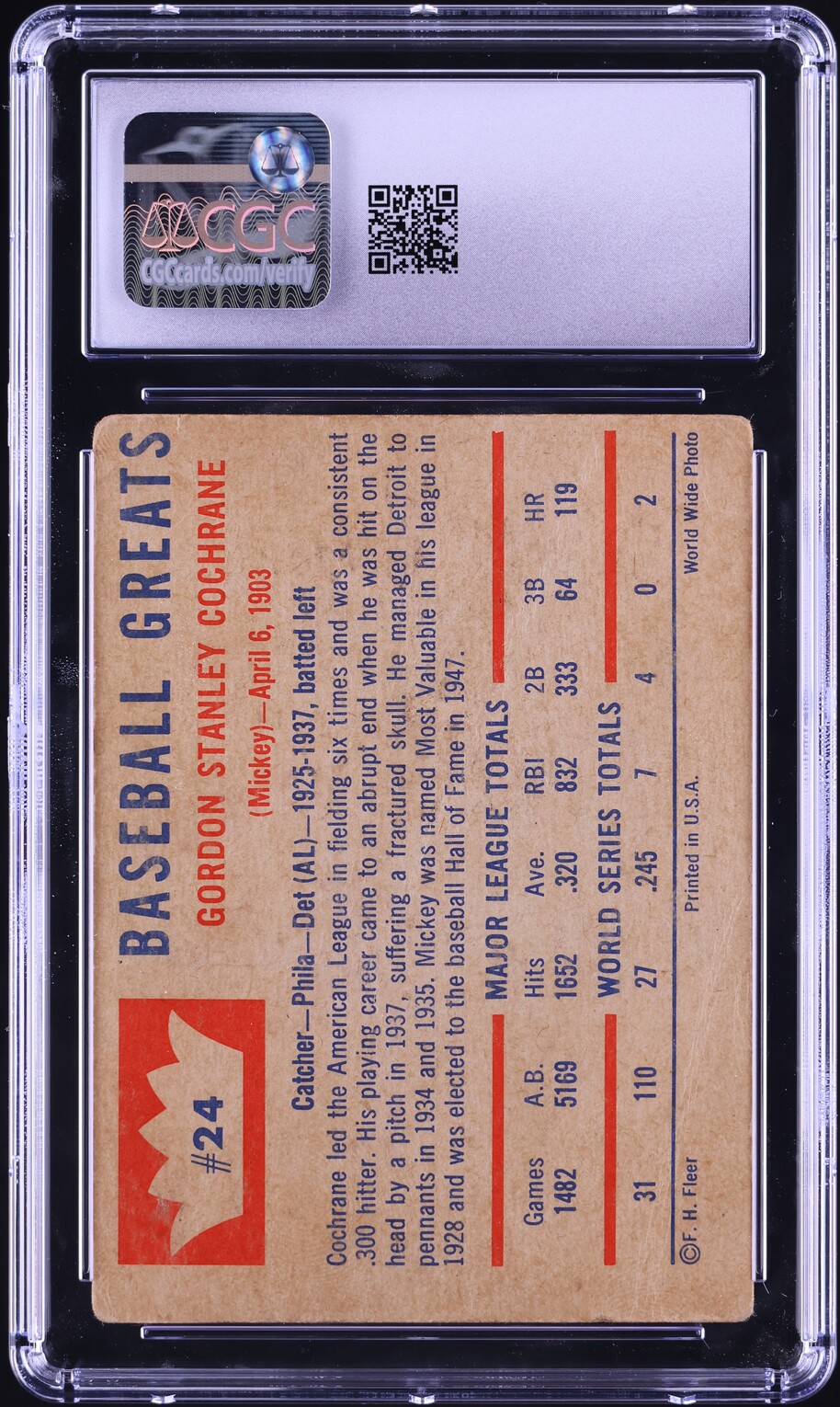 1960 Fleer Mickey Cochrane #24 CGC 1.5 FR