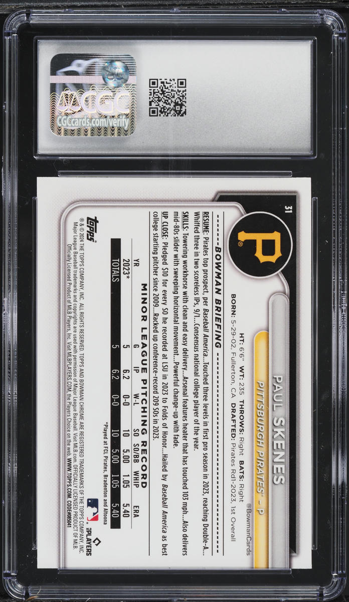 2024 Bowman Chrome Sapphire Gold Paul Skenes ROOKIE /50 #31 CGC 10 GEM MINT