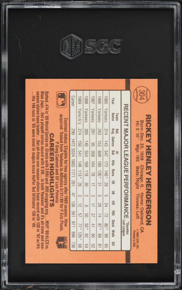 1990 Donruss Rickey Henderson #304 SGC 8.5 NM-MT+