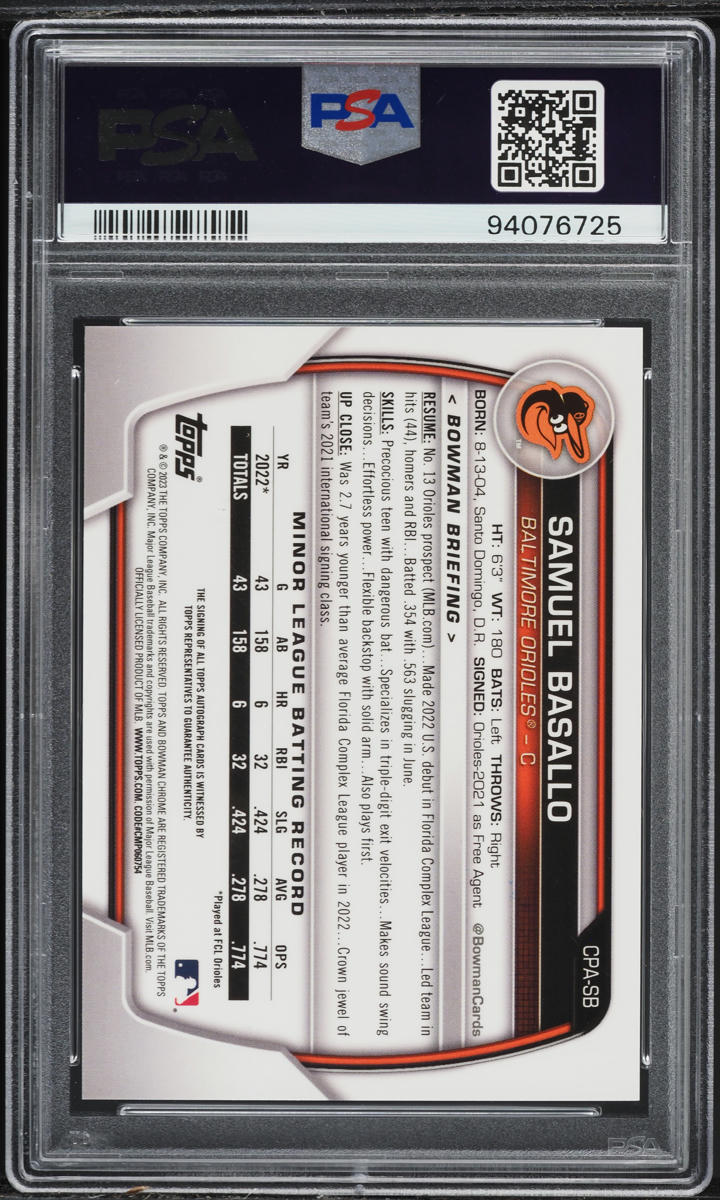 2023 Bowman Chrome Samuel Basallo PROSPECT AUTO #CPA-SB PSA 10 GEM MINT