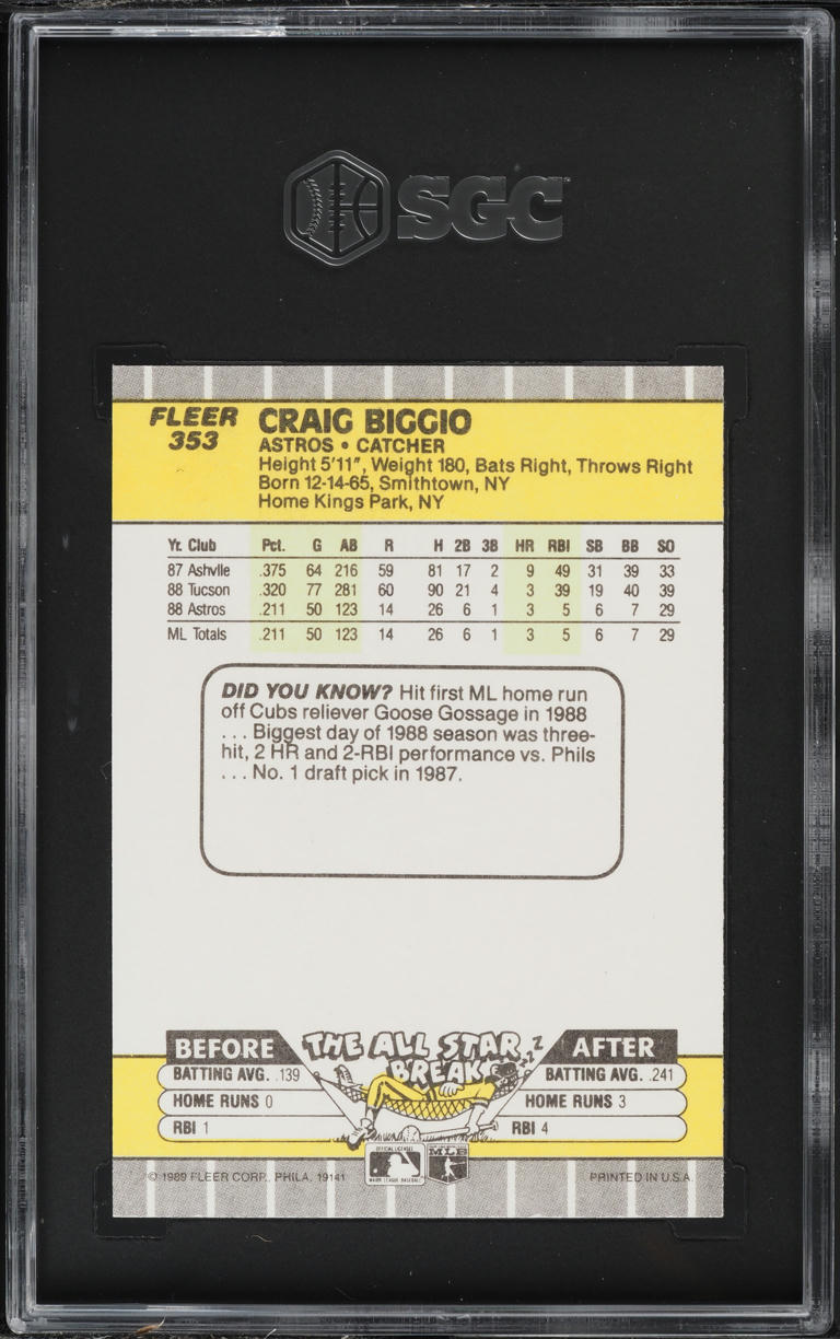 1989 Fleer Craig Biggio ROOKIE #353 SGC 8.5 NM-MT+
