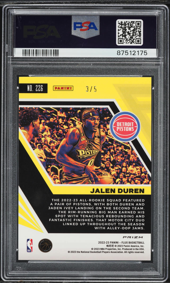 2022 Panini Flux Green Jalen Duren ROOKIE /5 #226 PSA 10 GEM MINT