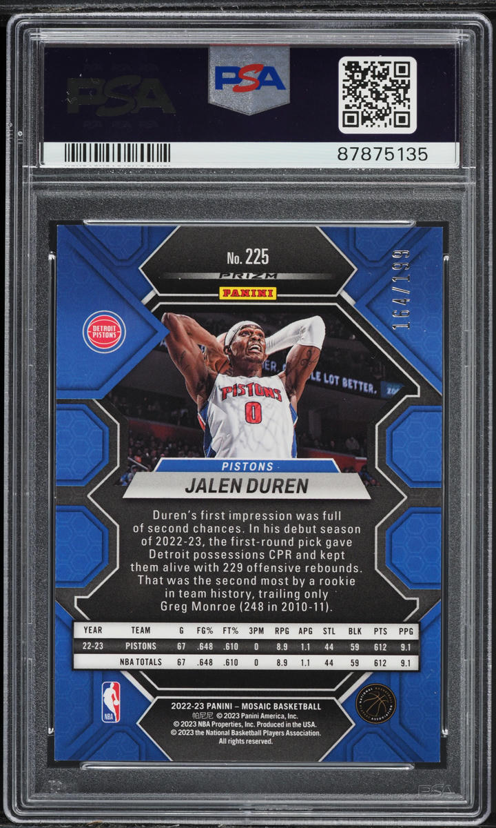 2022 Panini Mosaic Blue Jalen Duren ROOKIE /199 #225 PSA 10 GEM MINT