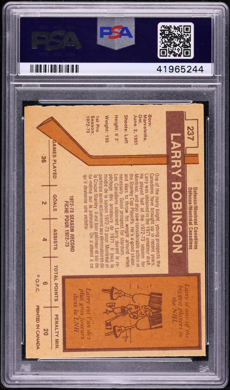 1973 O-Pee-Chee Hockey Larry Robinson ROOKIE #237 PSA 8 NM-MT