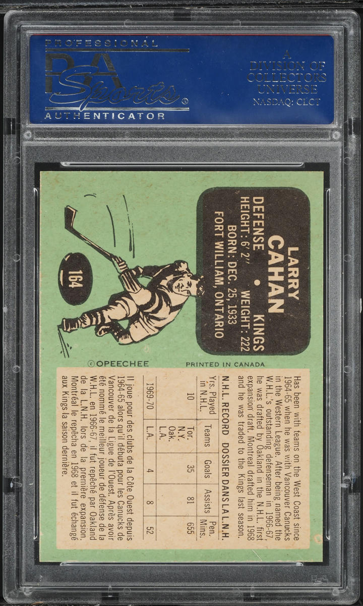 1970 O-Pee-Chee Hockey Larry Cahan #164 PSA 8 NM-MT