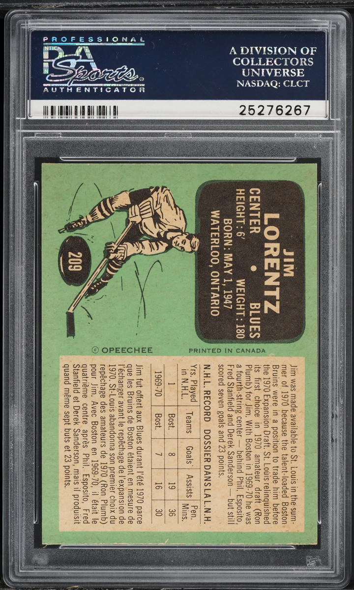 1970 O-Pee-Chee Hockey Jim Lorentz #209 PSA 8 NM-MT