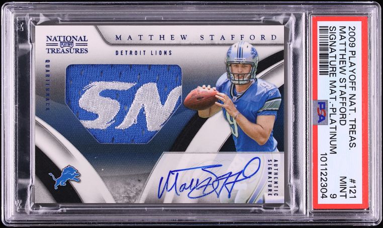 2009 Playoff National Treasures Platinum Matthew Stafford ROOKIE PATCH AUTO /5 #121 PSA 9 MINT