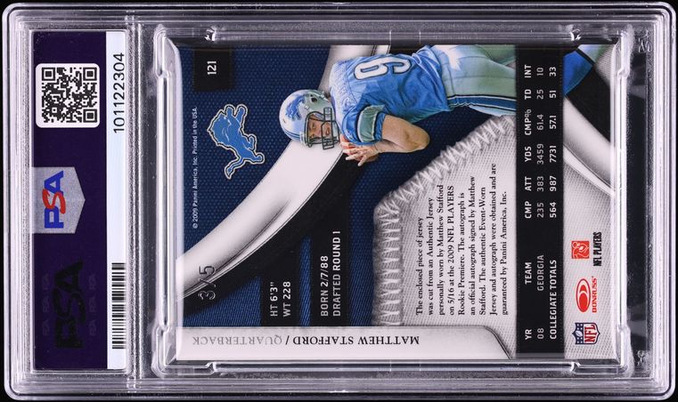 2009 Playoff National Treasures Platinum Matthew Stafford ROOKIE PATCH AUTO /5 #121 PSA 9 MINT