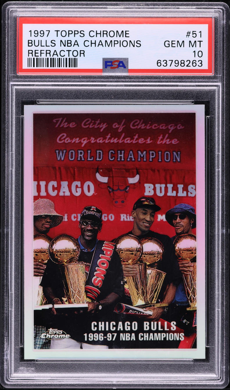 1997 Topps Chrome Refractor Bulls Champions w/ Michael Jordan #51 PSA 10 GEM
