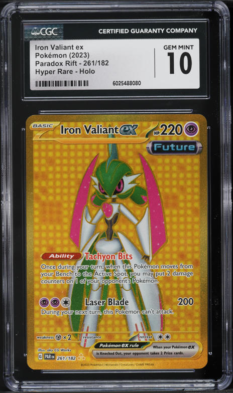 iron valiant pokemon card - ex 261/182 - Paradox Rift - Hyper Rare - Gold Foil variation to centering Iron Valiant ex 249/182 -