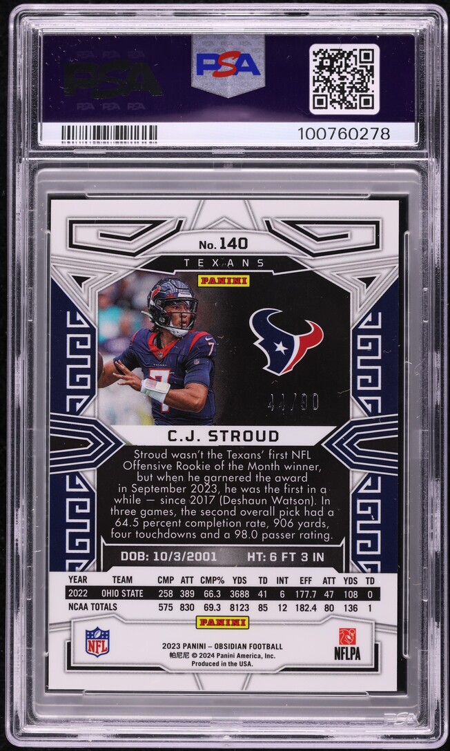 2023 Panini Obsidian Electric Etch Asia Red Flood CJ Stroud RC /90 #140 PSA 8