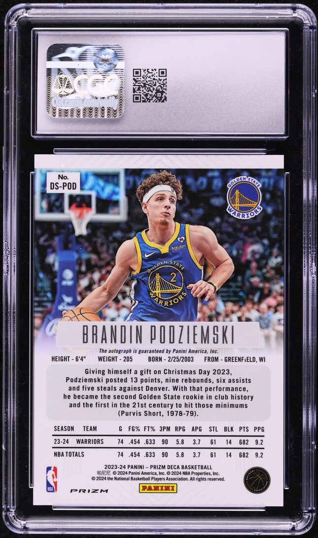 2023 Panini Prizm Deca Silver Brandin Podziemski ROOKIE AUTO #DS-POD CGC 9 MINT