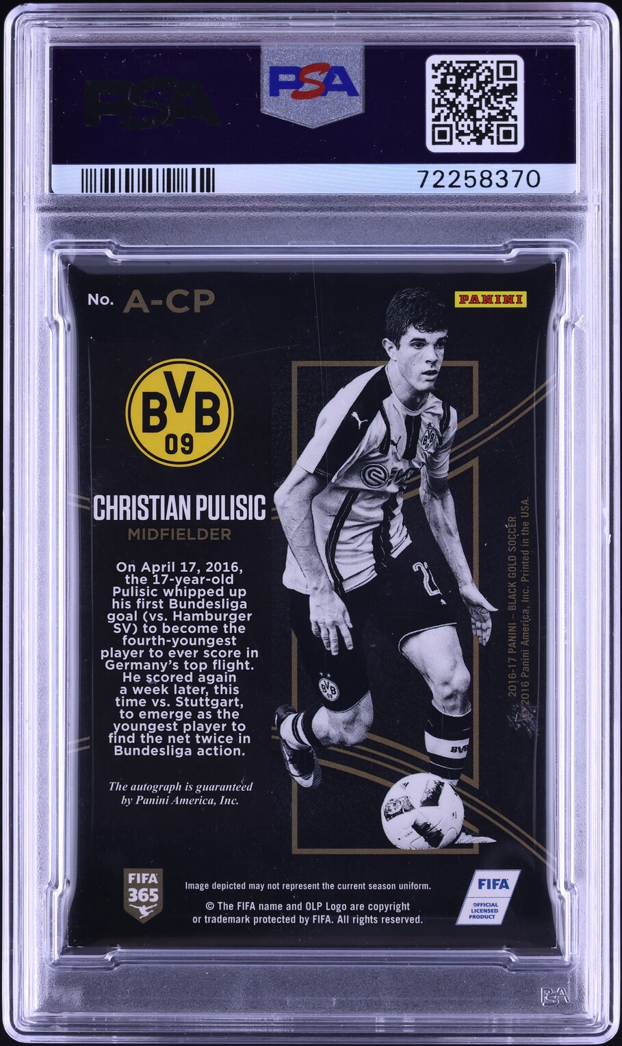2016 Panini Black Gold Christian Pulisic ROOKIE AUTO #A-CP PSA 8