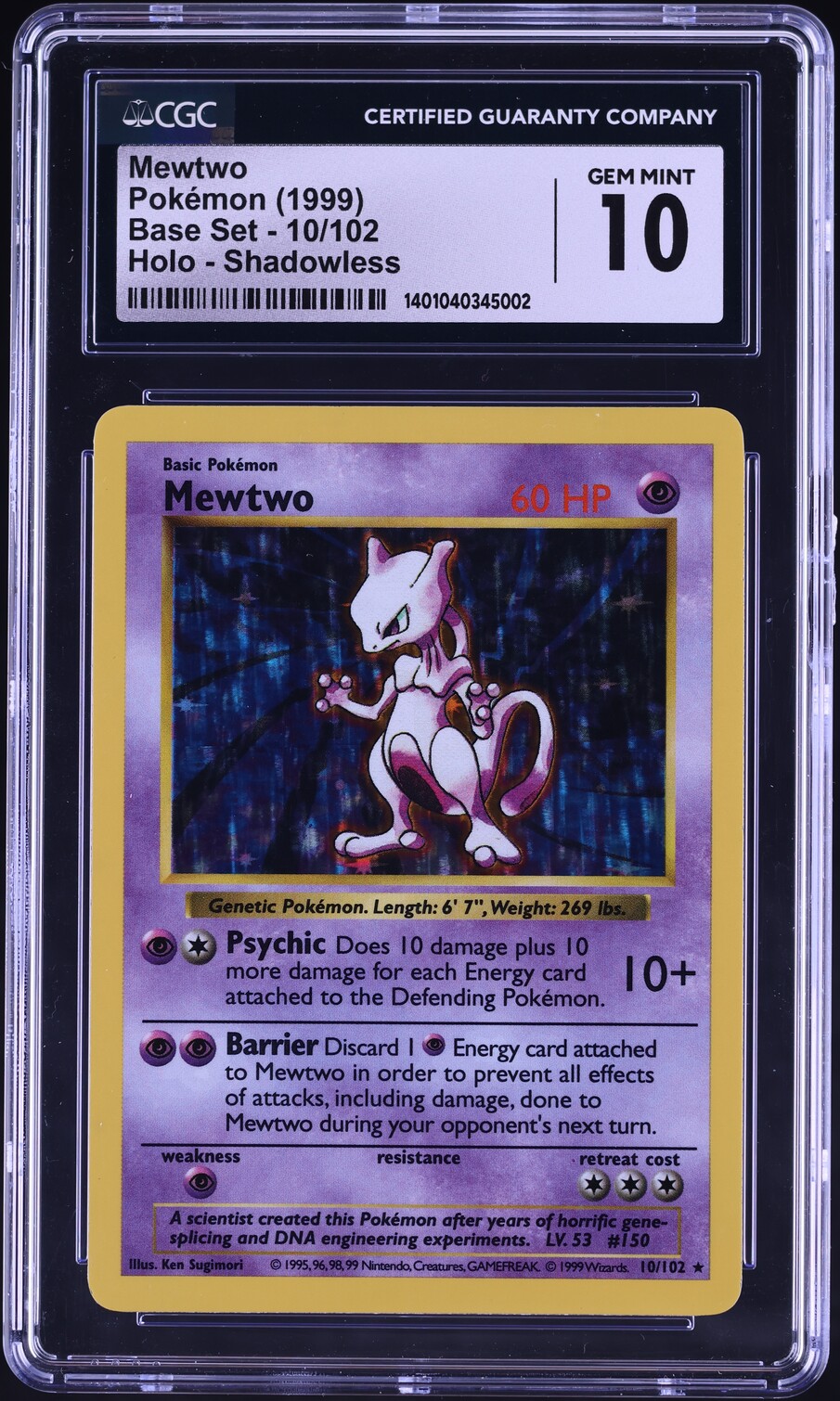 1999 Pokemon Base Set Shadowless Holo Mewtwo #10 CGC 10 GEM MINT