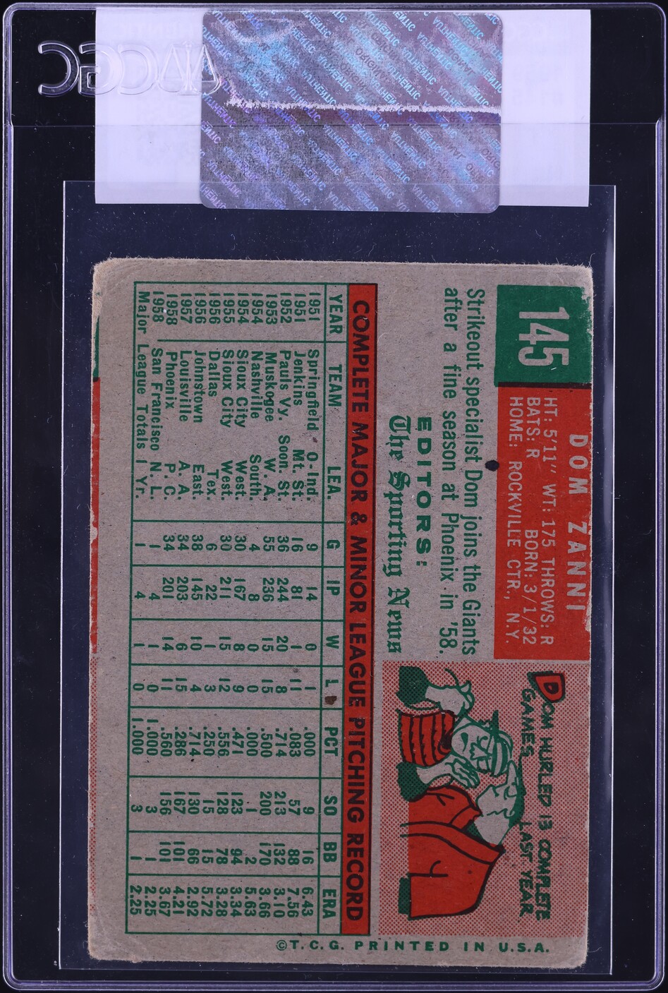 1959 Topps Dom Zanni ROOKIE #145 CGC AUTH