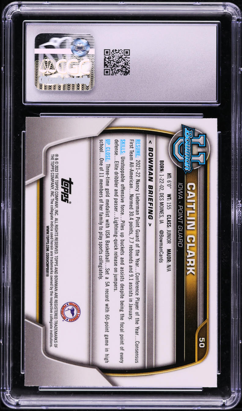 2022 Bowman University Chrome Caitlin Clark ROOKIE #50 CGC 9 MINT