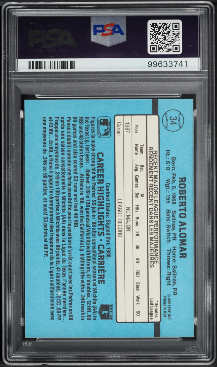 1988 Leaf Roberto Alomar ROOKIE #34 PSA 7 NRMT