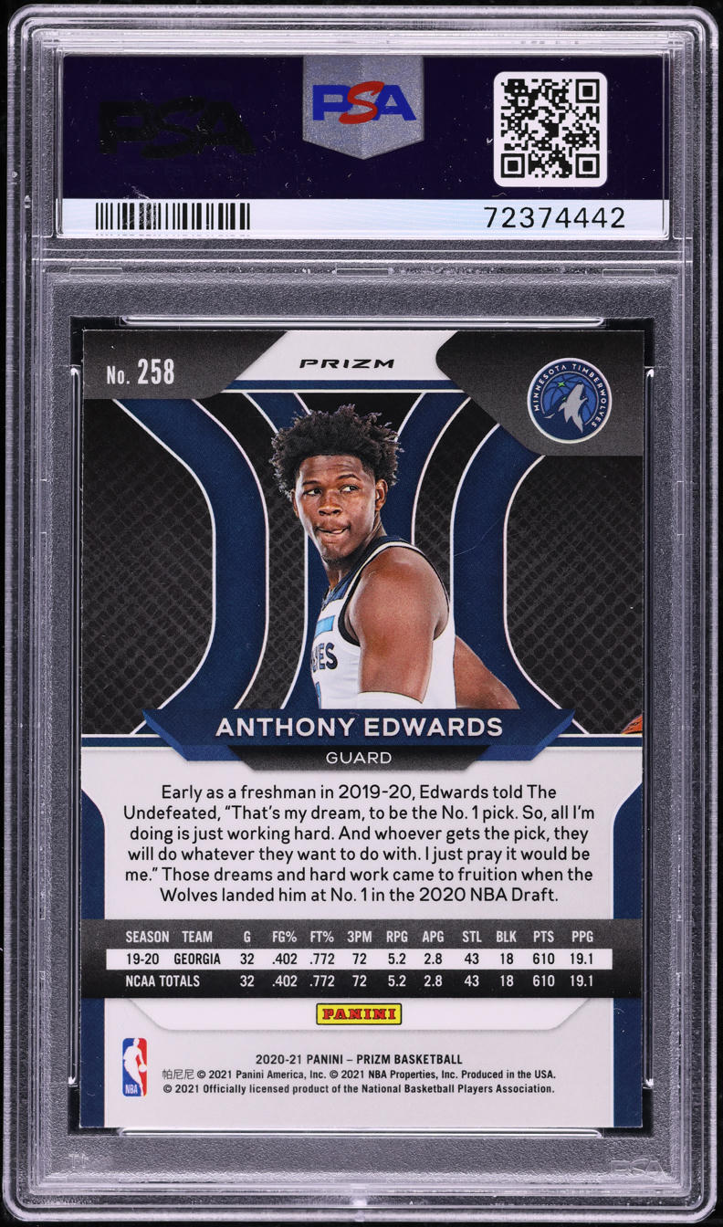 2020 Panini Prizm Choice Tiger Stripe Anthony Edwards ROOKIE #258 PSA 10 GEM