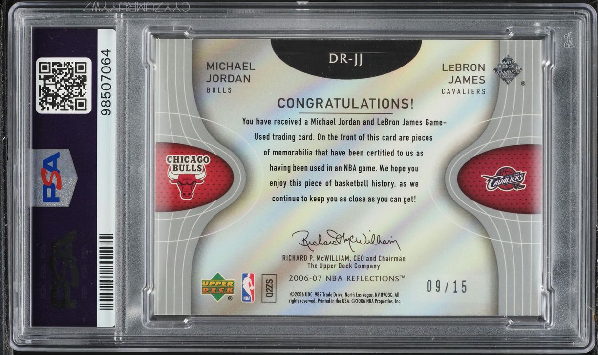 2006 UD Reflections Dual Blue Michael Jordan LeBron James PATCH /15 #DR-JJ PSA 9
