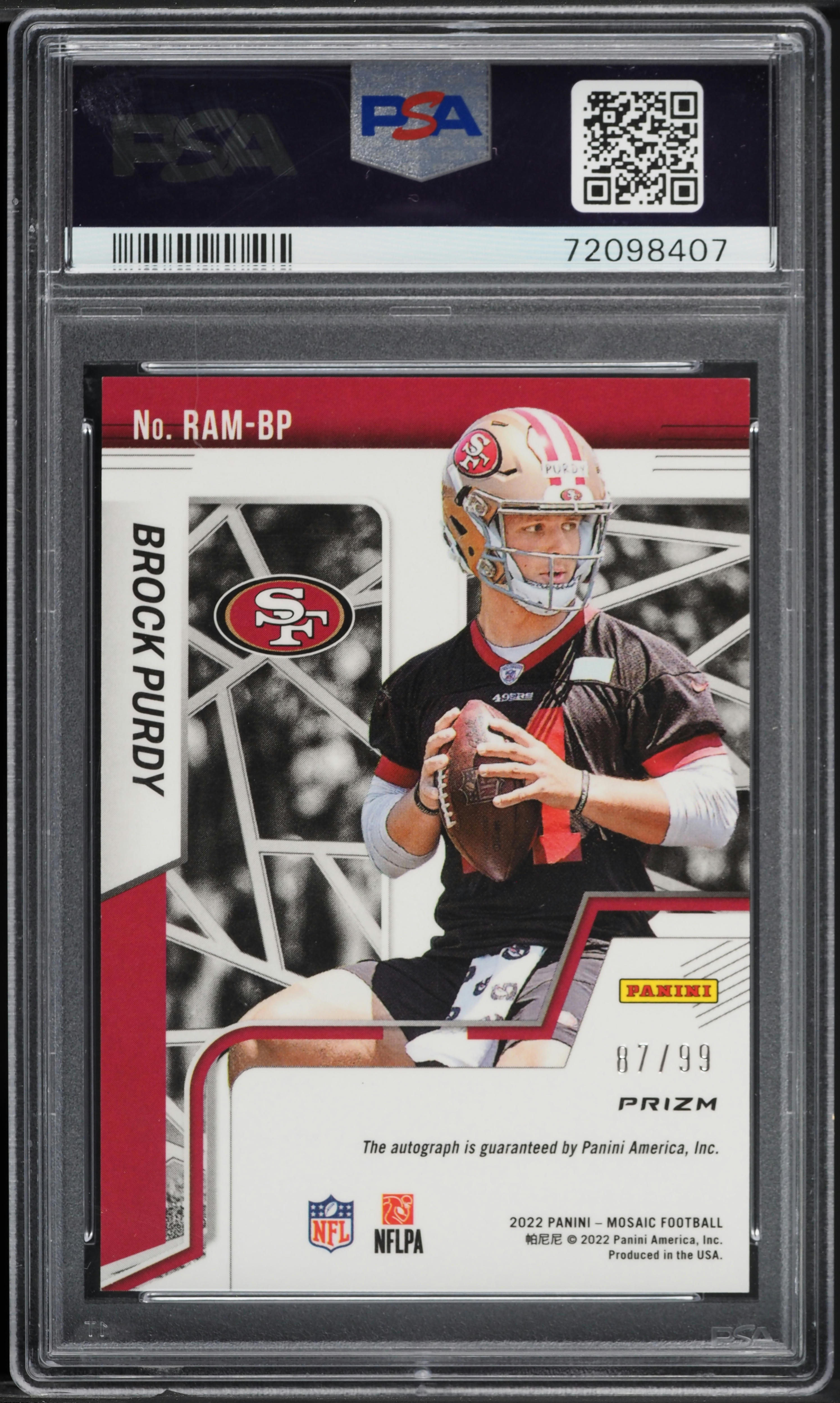 2022 Panini Mosaic Blue Brock Purdy ROOKIE AUTO DNA 10 /99 #RAMBP