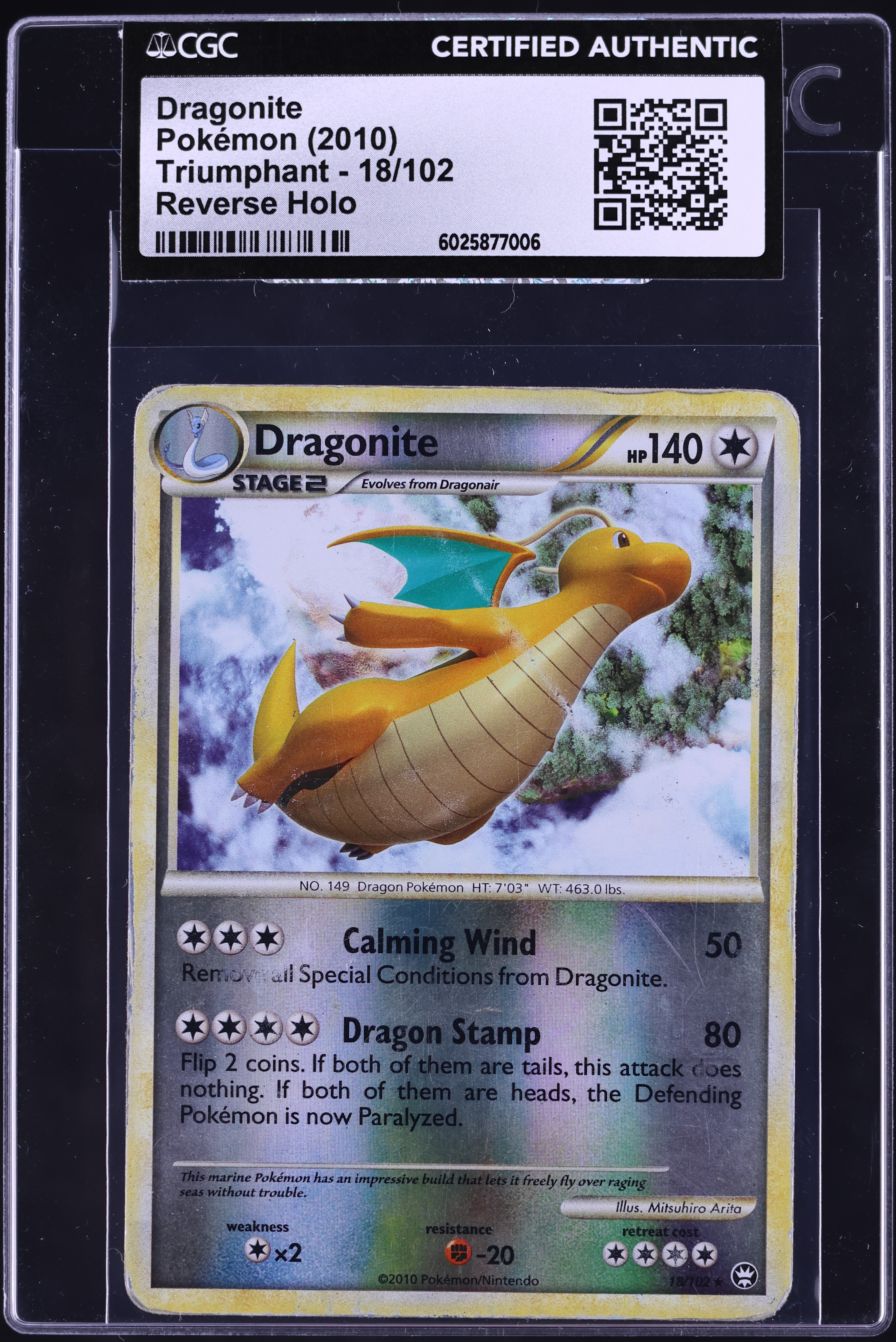 2010 Pokemon HGSS Triumphant Reverse Holo Dragonite #18 CGC AUTH
