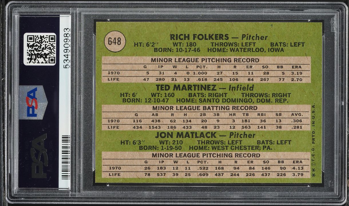 1971 Topps Jon Matlack SP ROOKIE #648 PSA 9 MINT