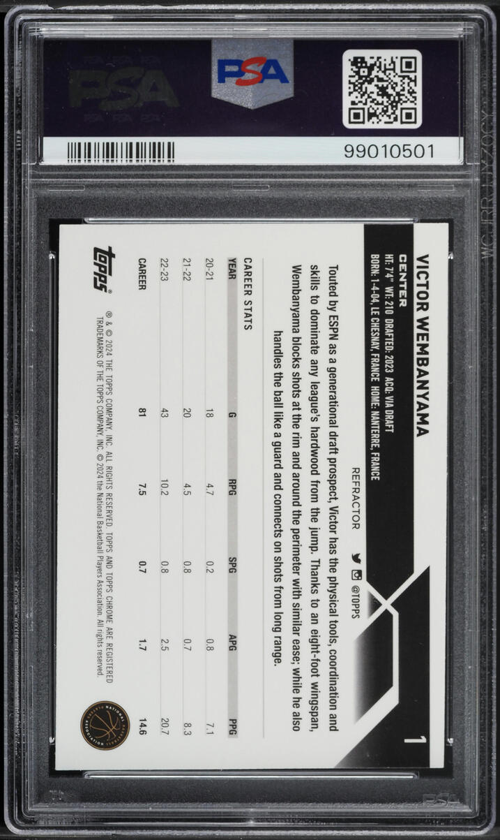 2023 Topps Chrome Refractor Victor Wembanyama ROOKIE #1 PSA 9 MINT