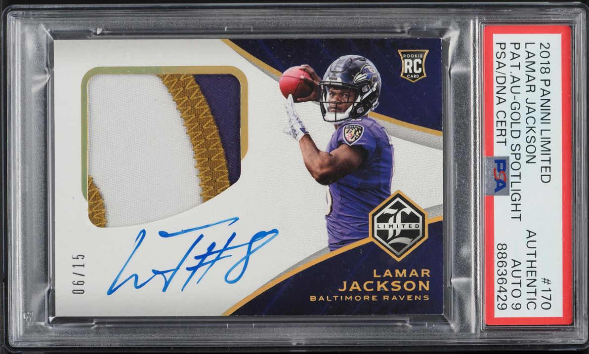 2018 Panini Limited Gold Lamar Jackson ROOKIE PATCH AUTO DNA 9 /15 PSA AUTH