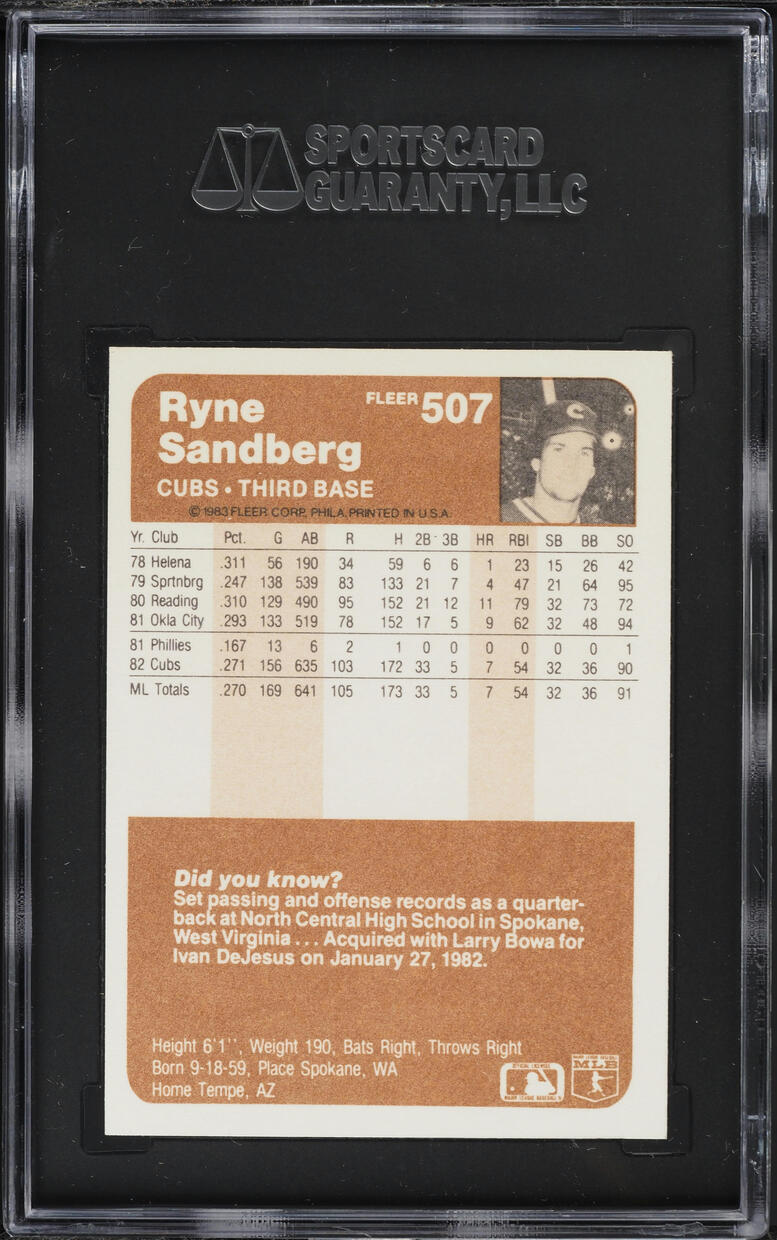1983 Fleer Ryne Sandberg ROOKIE #507 SGC 10 GEM MINT