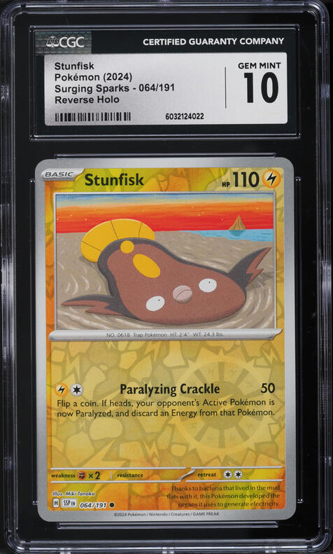 2024 Pokemon Scarlet & Violet Surging Sparks Reverse Holo Stunfisk #64 CGC 10 GEM MINT