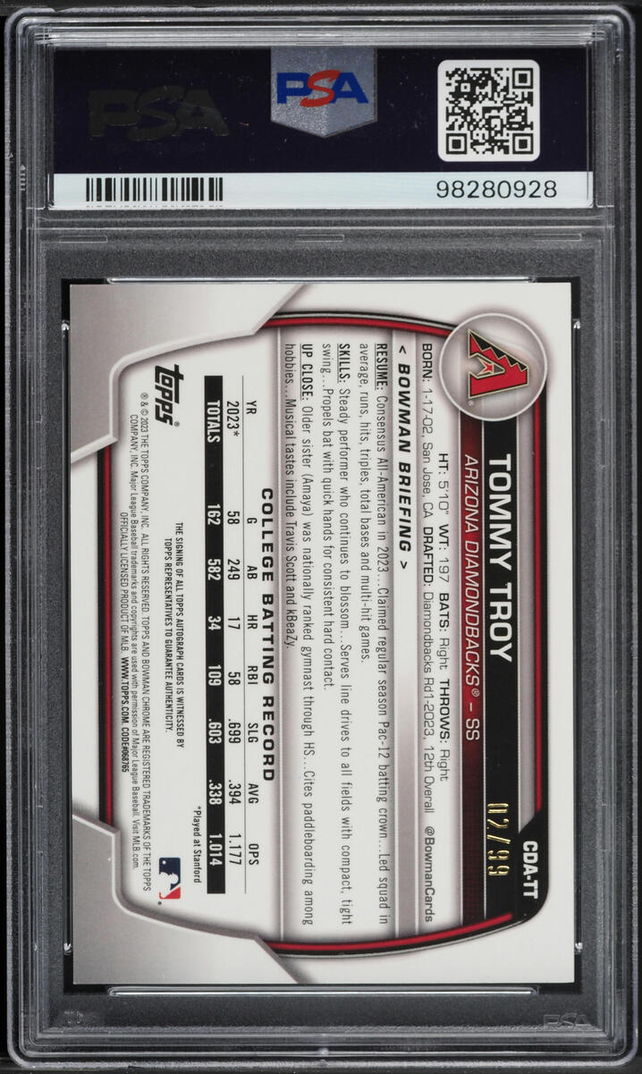 2023 Bowman Chrome Sapphire Green Tommy Troy PROSPECT AUTO DNA 9 /99 PSA AUTH
