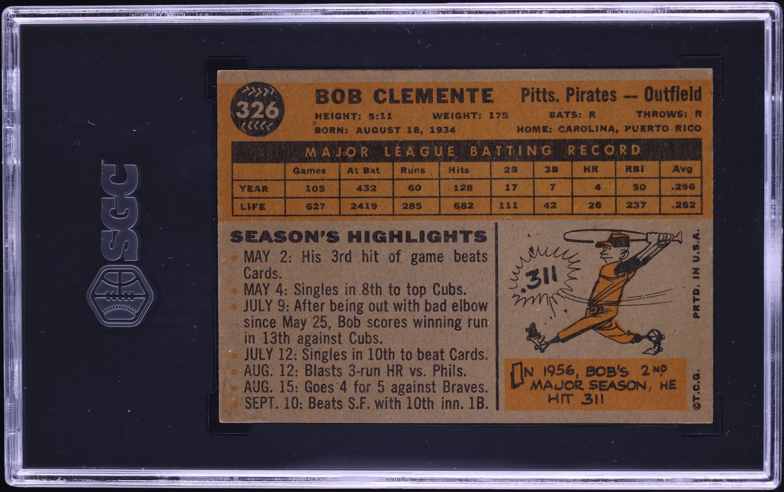 1960 Topps Roberto Clemente #326 SGC AUTH