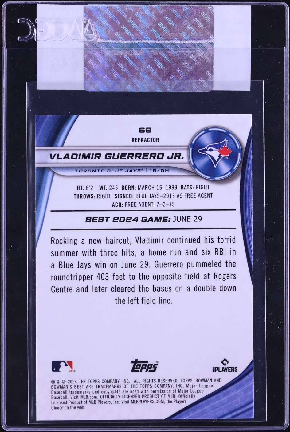 2024 Bowman's Best Refractor Vladimir Guerrero Jr. #69 CGC AUTH