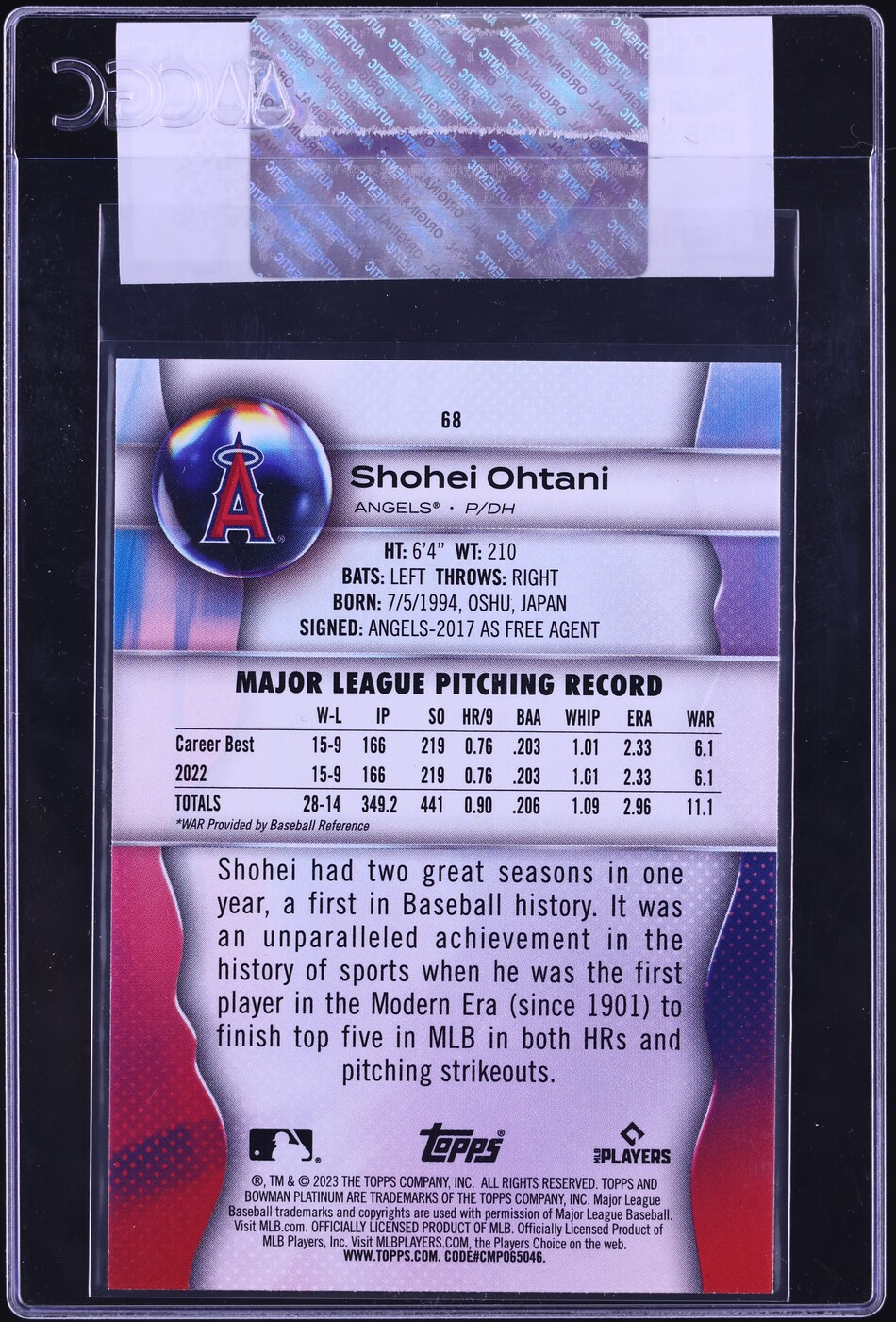 2023 Bowman Platinum Shohei Ohtani #68 CGC AUTH